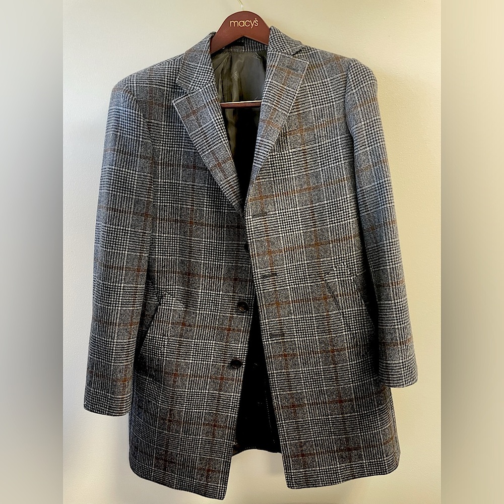 Charles Tyrwhitt winter coat wool 38R grey herringbone with brown stripes